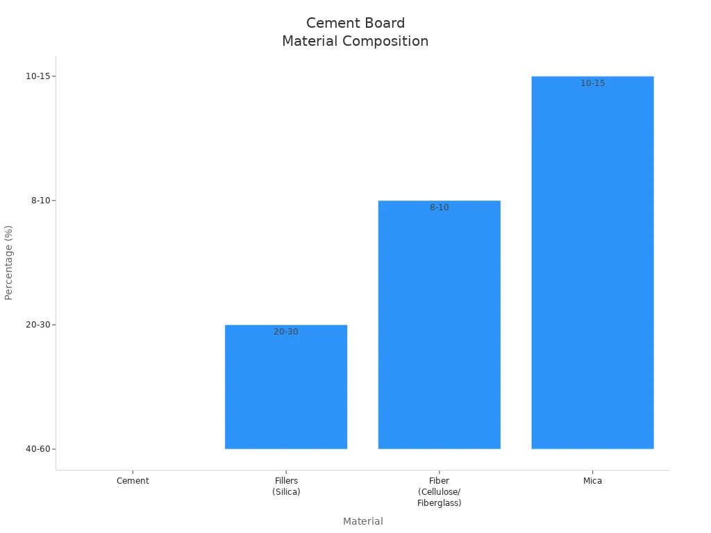Bar chart showing percentage composition of main cement board materials