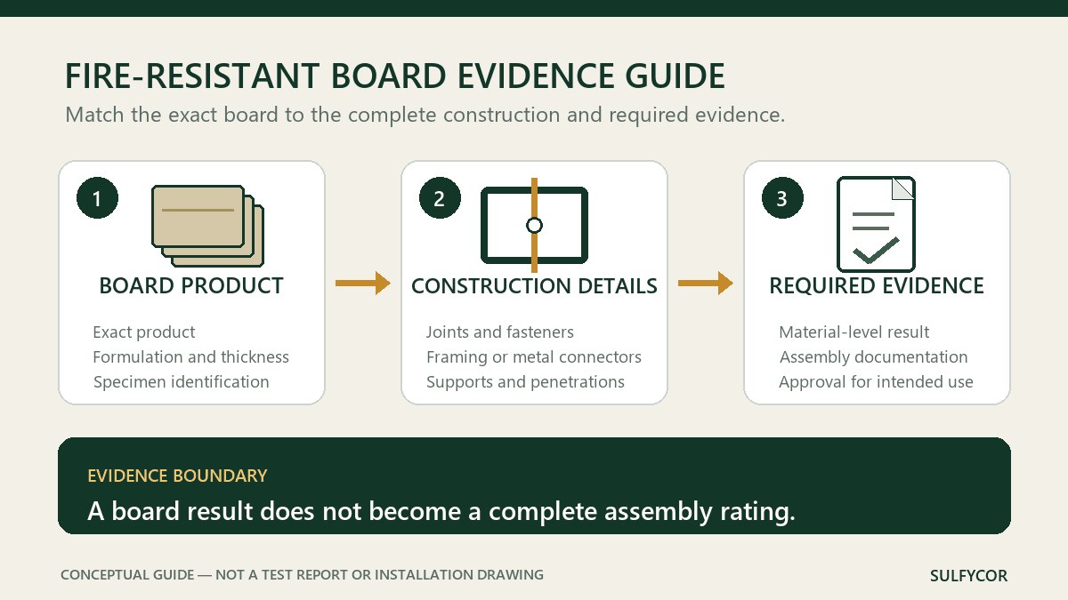 Conceptual guide linking board properties, construction details, and required fire evidence