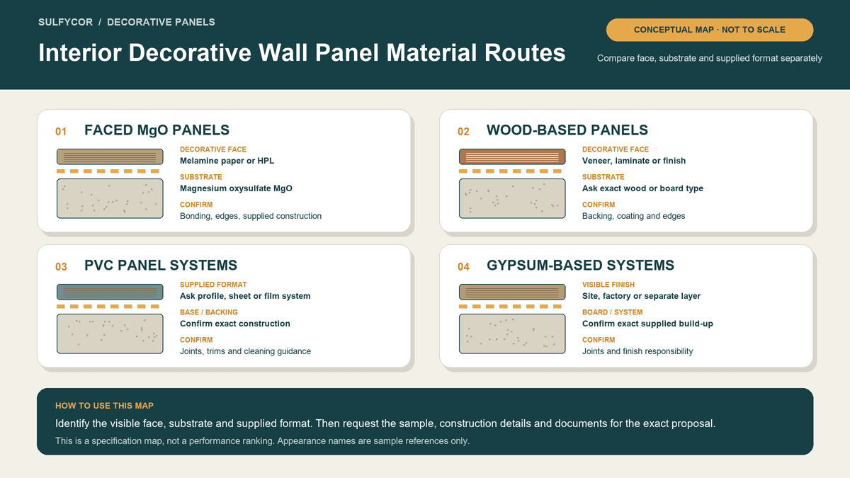 Conceptual map of four interior decorative wall panel material routes and the specification fields to confirm