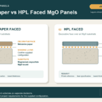 Conceptual layer diagram comparing melamine-paper faced and HPL faced magnesium oxysulfate MgO wall panels