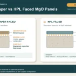 Diagrama conceitual de camadas comparando painéis de parede de oxissulfato de magnésio (MgO) revestidos com papel melamínico e com HPL.