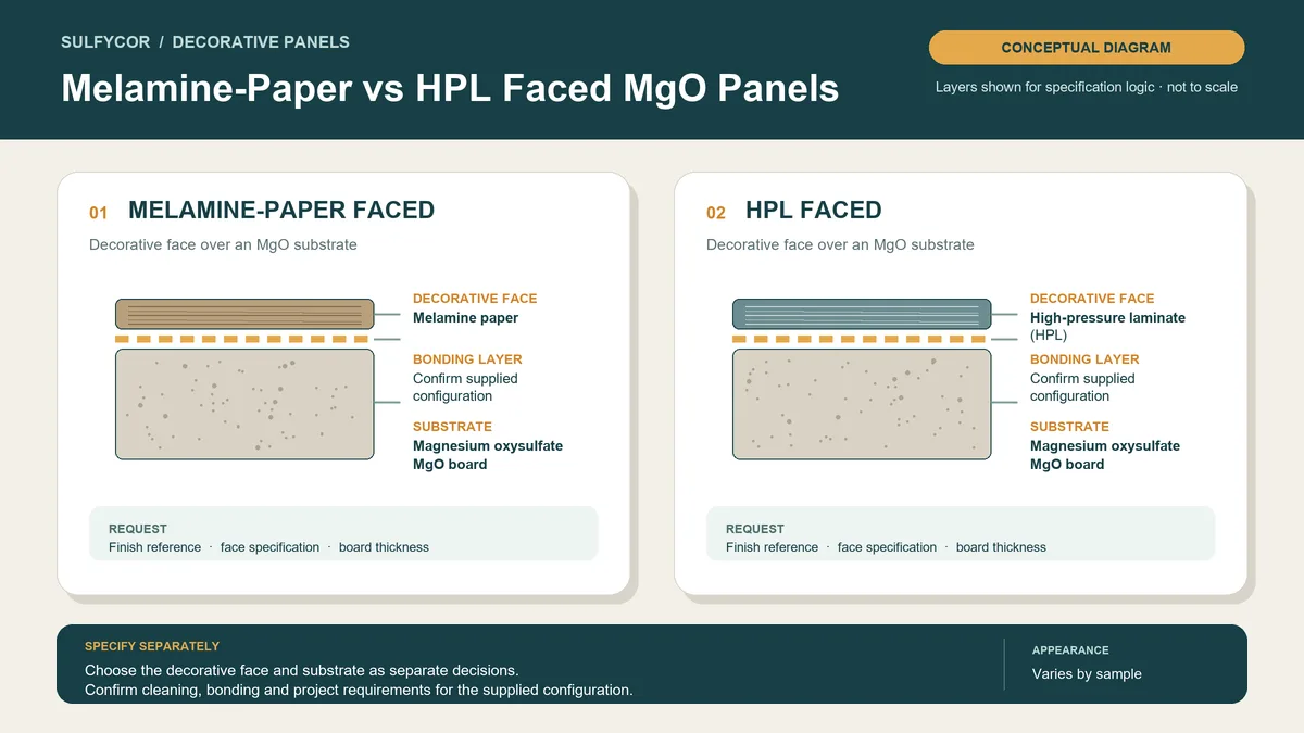 Diagrama de capas conceptual que compara paneles de pared de oxisulfato de magnesio (MgO) con revestimiento de papel melaminado y con revestimiento de HPL.