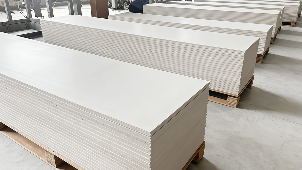 Stacks of flat MgO boards prepared for duct component specification review