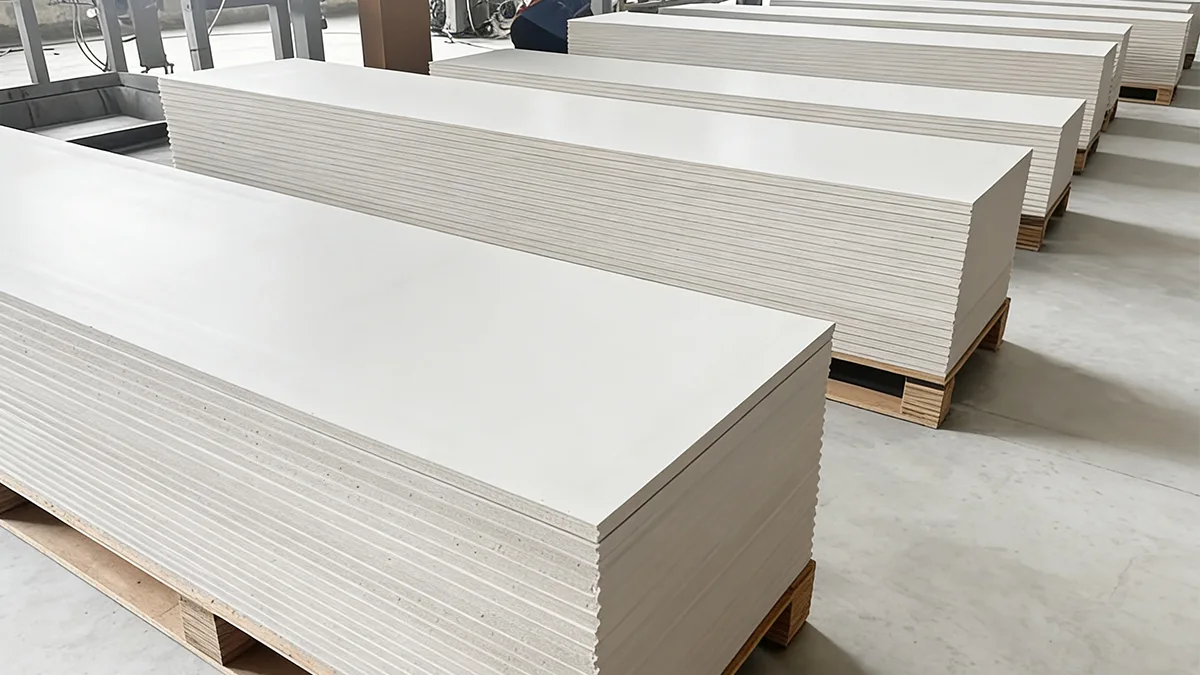 Pilhas de placas planas de MgO preparadas para revisão das especificações dos componentes do duto.